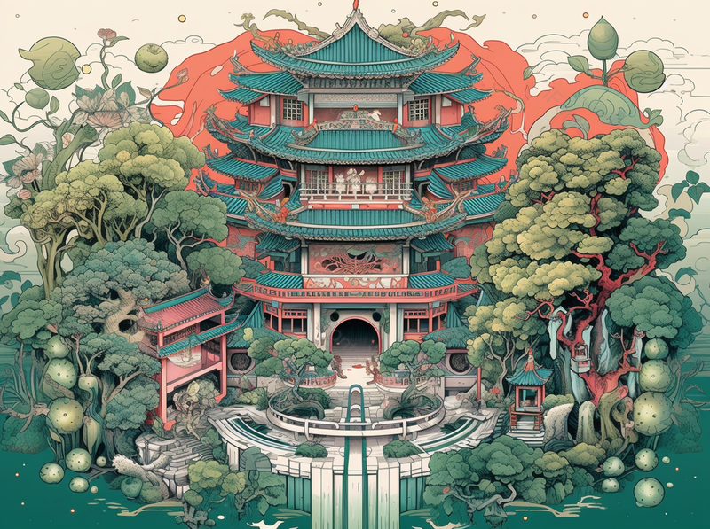 植被茂盛的中国风古典建筑插画背景,插画/手绘图,插画/手绘图库,插画/手绘图下载,插画/手绘